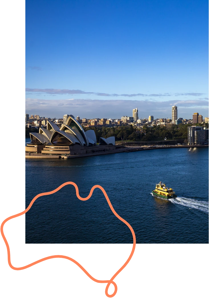 View of Sydney Harbour with the Opera House and Australian Outline shape